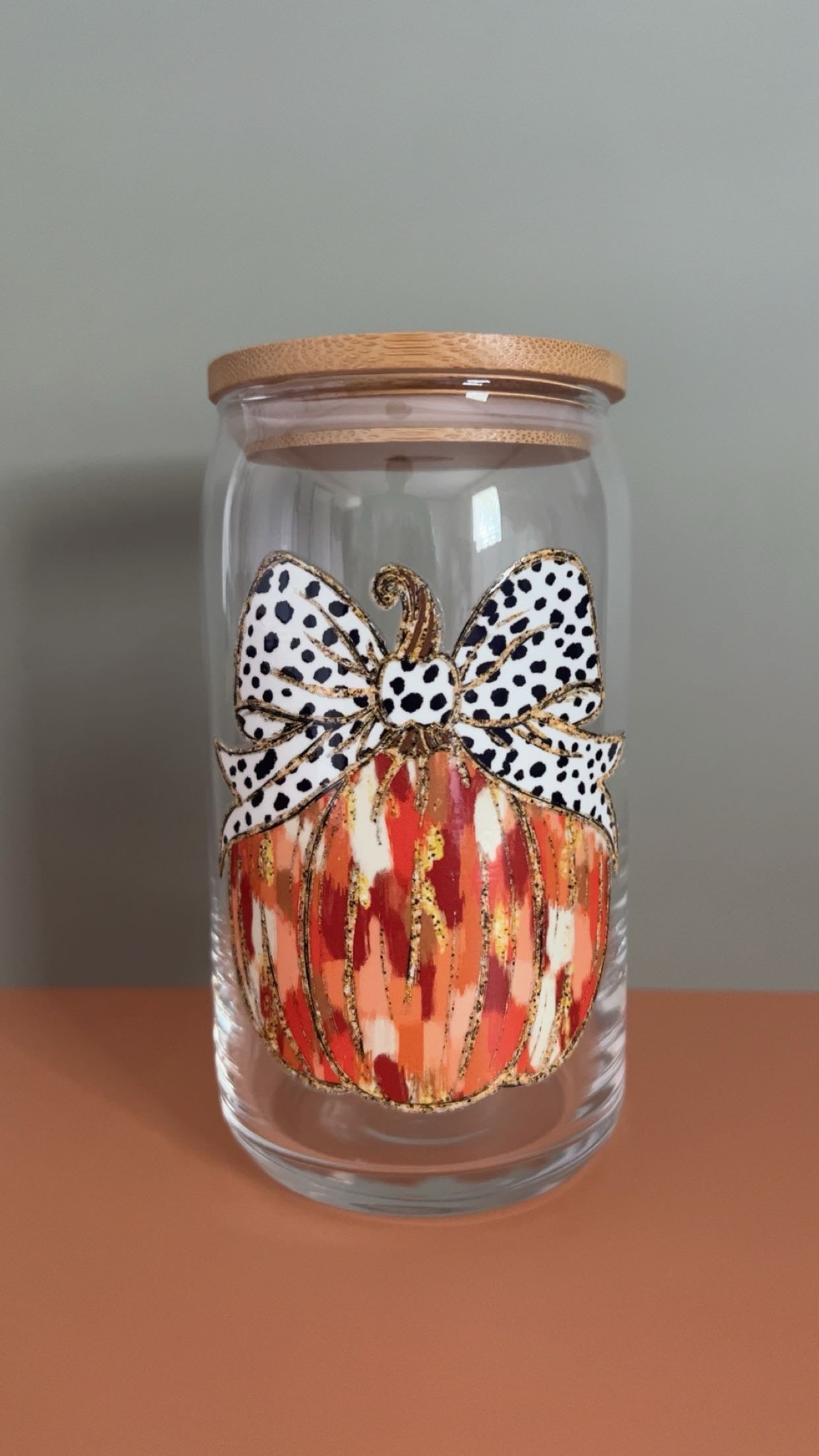 Pumpkin Polka Dot Bow Glass Cup
