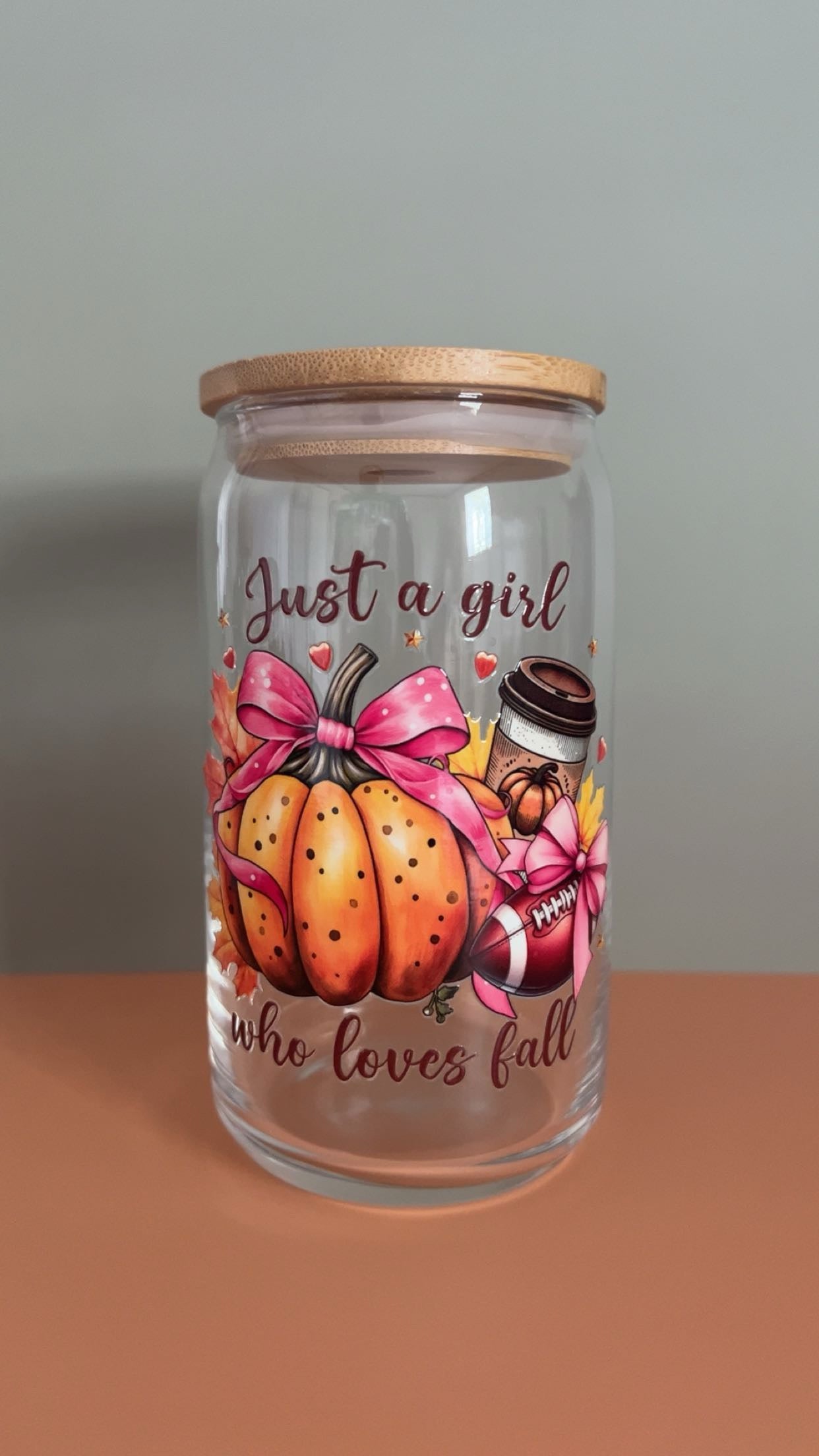 Just A Girl Who Loves Fall Pink Bow Glass Cup