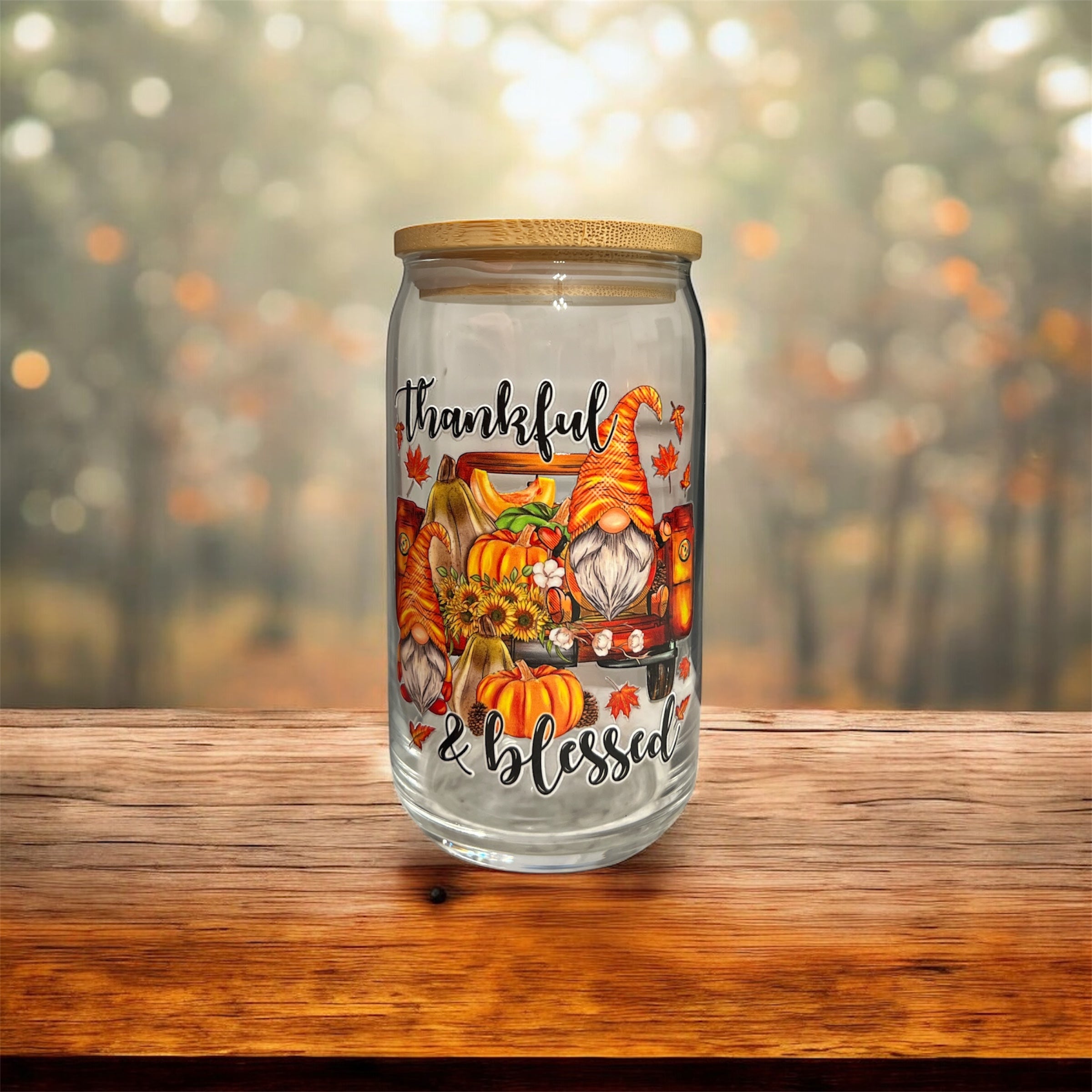 Thankful & Blessed Gnome Glass Cup