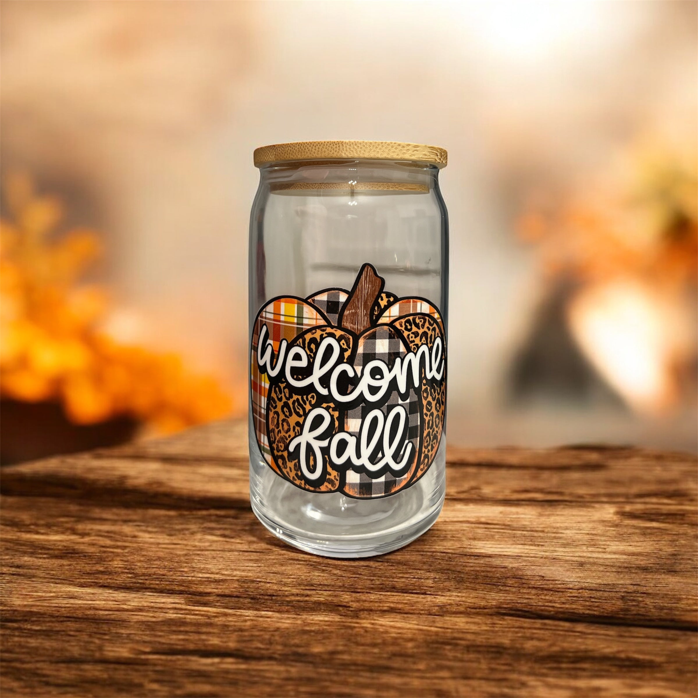 Welcome Fall Plaid Pumpkin Glass Cup