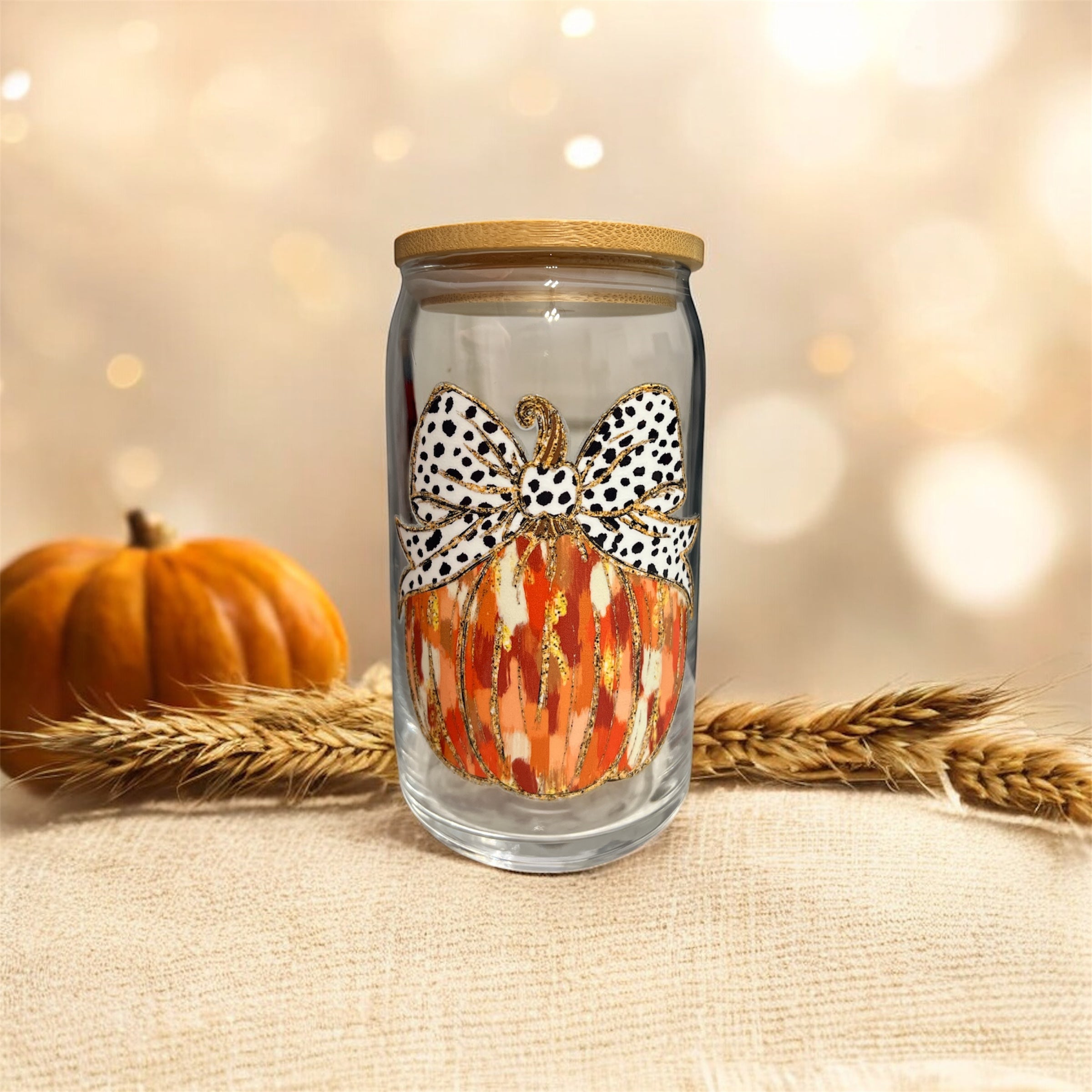 Pumpkin Polka Dot Bow Glass Cup